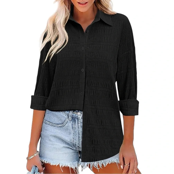 NWT Women’s Oversized Button Down Lightweight Shirt Square Textured Blouse - Picture 2 of 9